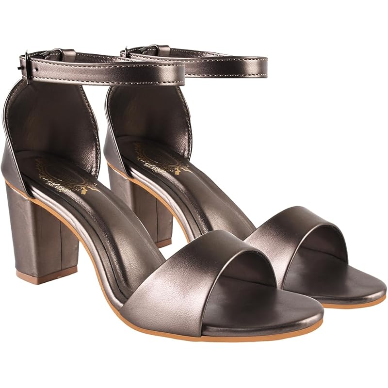 Shoetopia Stylish Ankle Strap Grey Block Heeled Sandals For Women & Girls /Uk6