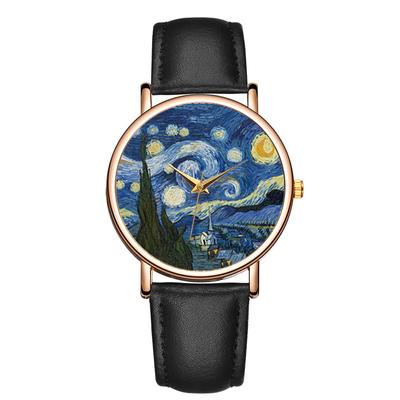 Mode Ölgemälde Uhren Frauen Einfache Arabischen Ziffern Quarz Armbanduhr für Frauen Leder Band Casual Damen Uhr Geschenk