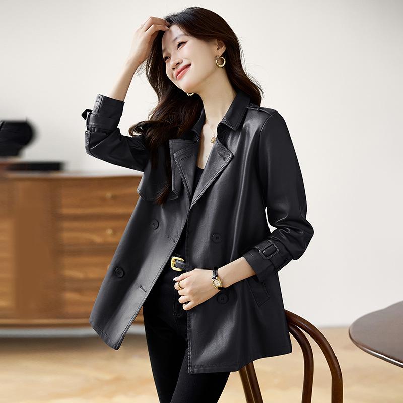 Suit Collar Leather Jacket Women's New Spring and Autumn Small Medium and Long Trench Coat Leather Jacket