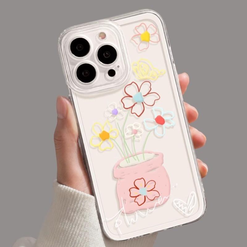 Oil Painting Vase for IPhone16 Creative 15 Transparent 14 Phone Case for IPhone13 Popular Protective Case 12