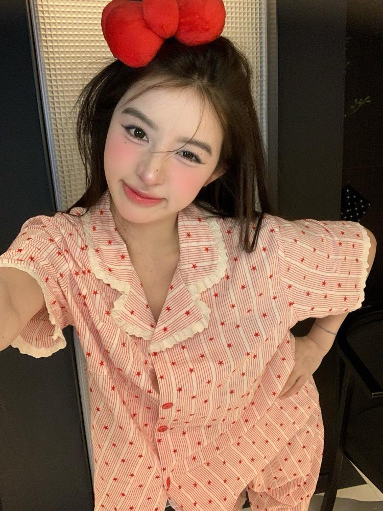 Girls star striped lace pajamas summer short sleeved shorts ins style suit girls loungewear
