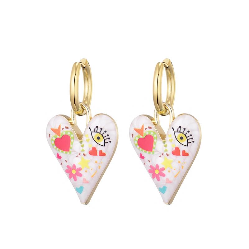 New Trendy Cute Heart Eye Stainless Steel Hoop Earrings For Women Colorful Vintage Enamel Gold Color Pendant Love Female Jewelry
