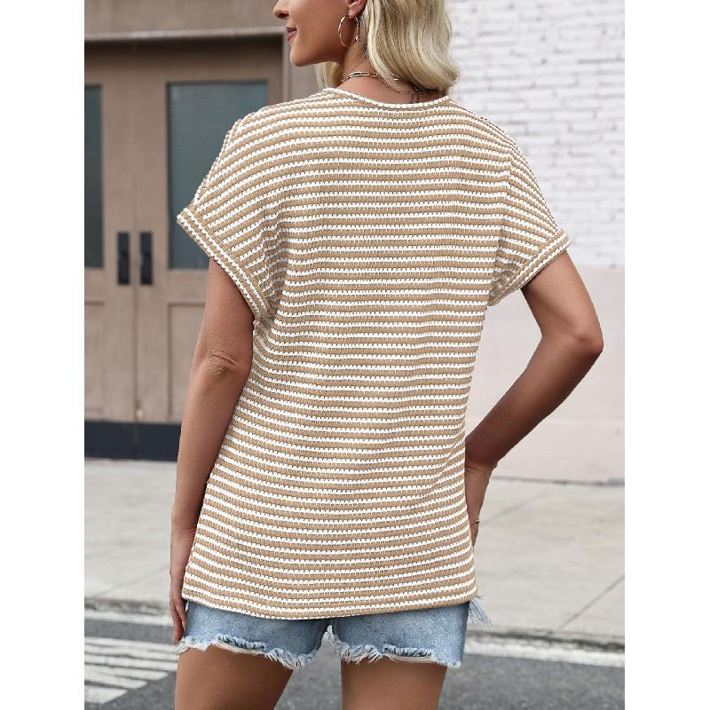 2026 Loose Women's Casual Striped Textured Short-Sleeve Summer New V-Neck Knit T-Shirt Women's Clothing