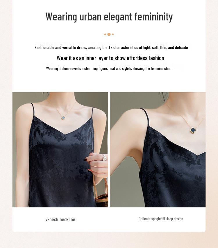 Damen Sommer V-Ausschnitt Satin Slip Kleid - Französisches Kunstseiden Jacquard Maxi