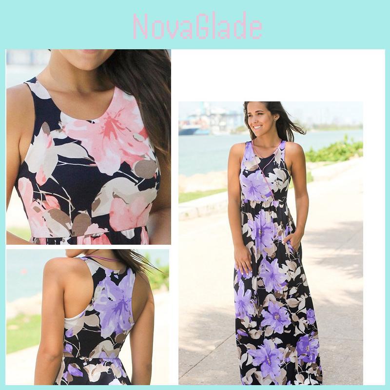 Summer Women's Elegant Casual Sleeveless Floral Printed Beach Dress Long Sundress