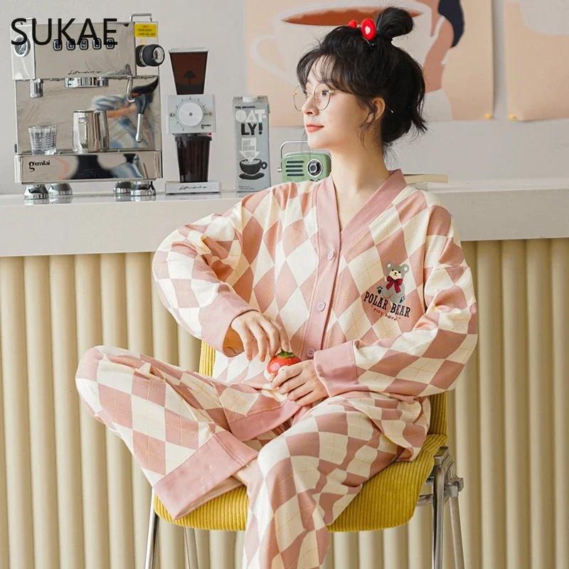 SUKAE New M-5XL Autumn Winter New Cotton Women Pajamas Lady Pijamas Set Loungewear Kimono Cardigan Long Sleeves V-neck Homesuit