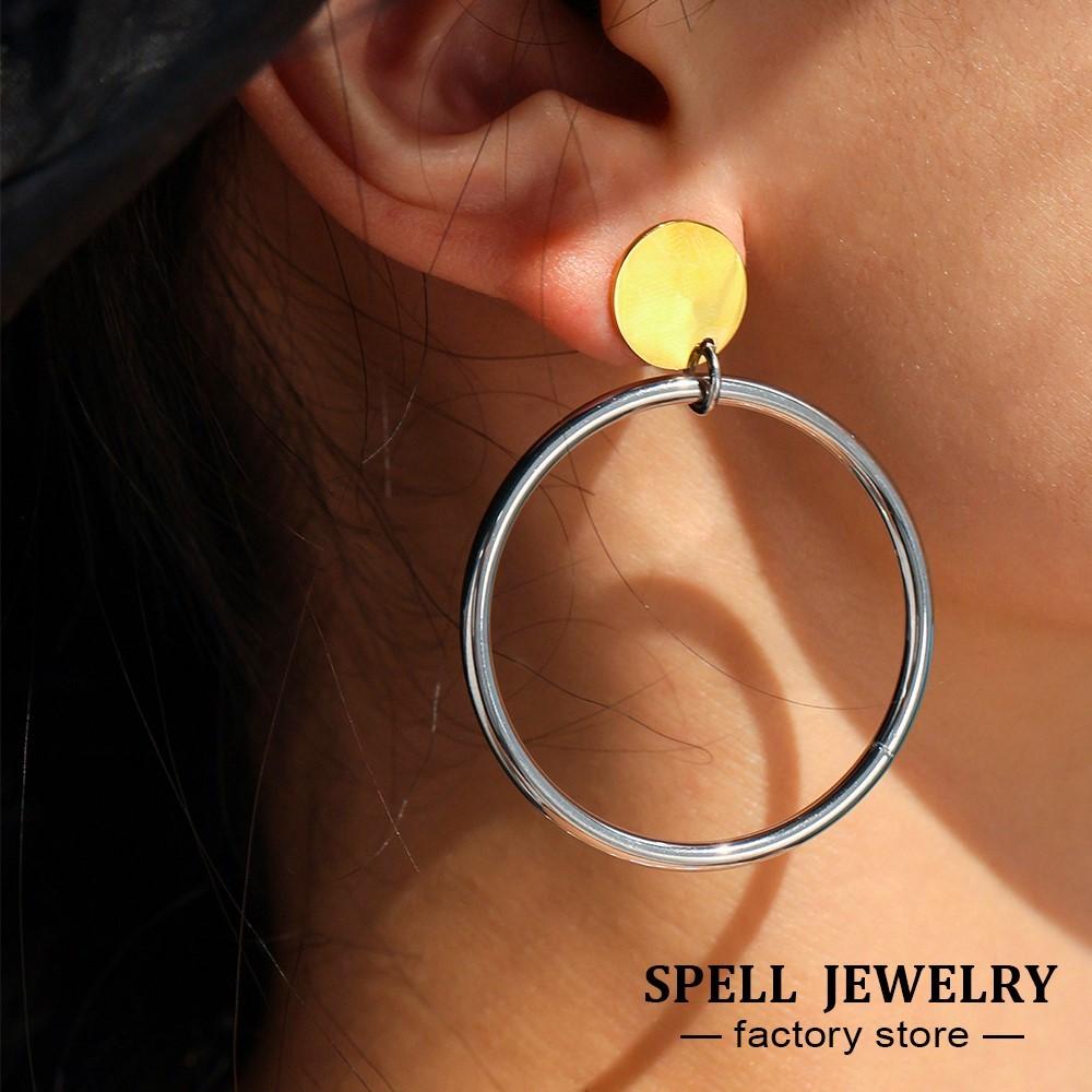 Two-tone Large Circular Ring Dangle Earrings In Stainless Steel Gold Silver Color Minimalist Stud Earring Ear Studs For Women