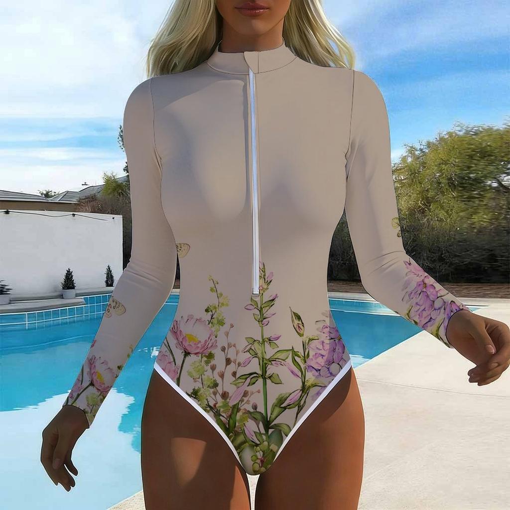 Women Long Sleeve One Piece Swimsuit Zip Front Flower Print Rash Guard Surfing Bathing Suit