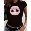 Womens Style Pearl Lips Print T Shirt Light Pink Slim Fit Round Neck Short Sleeve Sexy Casual Spring Summer Fashion Top