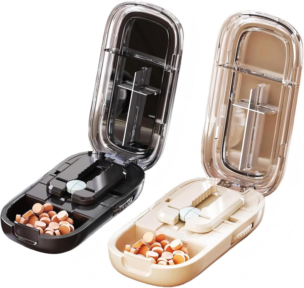 Plastic Pill Case with Built-in Cutter, Portable Travel Pill Organizer, Compact Pill Splitter & Storage Container