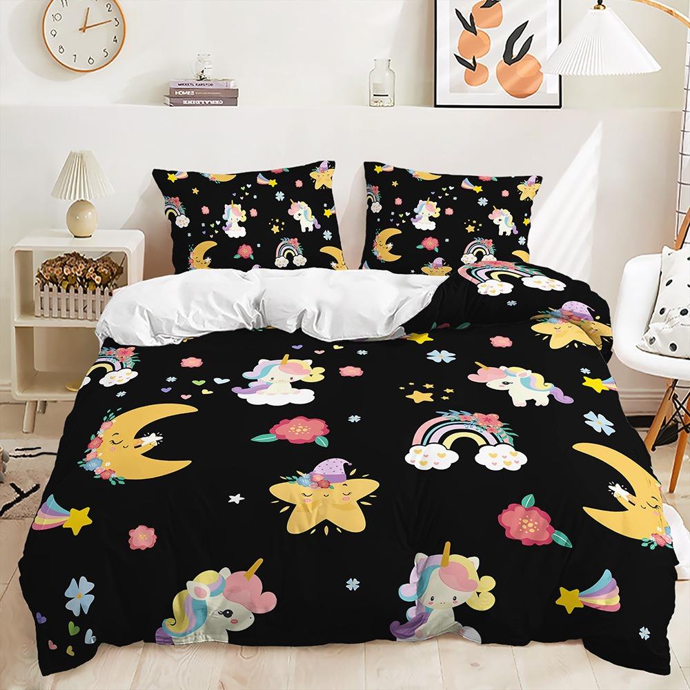 Bedding Sets For Girls,Stars,Moons,Unicorns,Fantasy Cartoon Duvet Cover Set,Twin Size Quilt Cover With Pillowcases,Bed Clothes