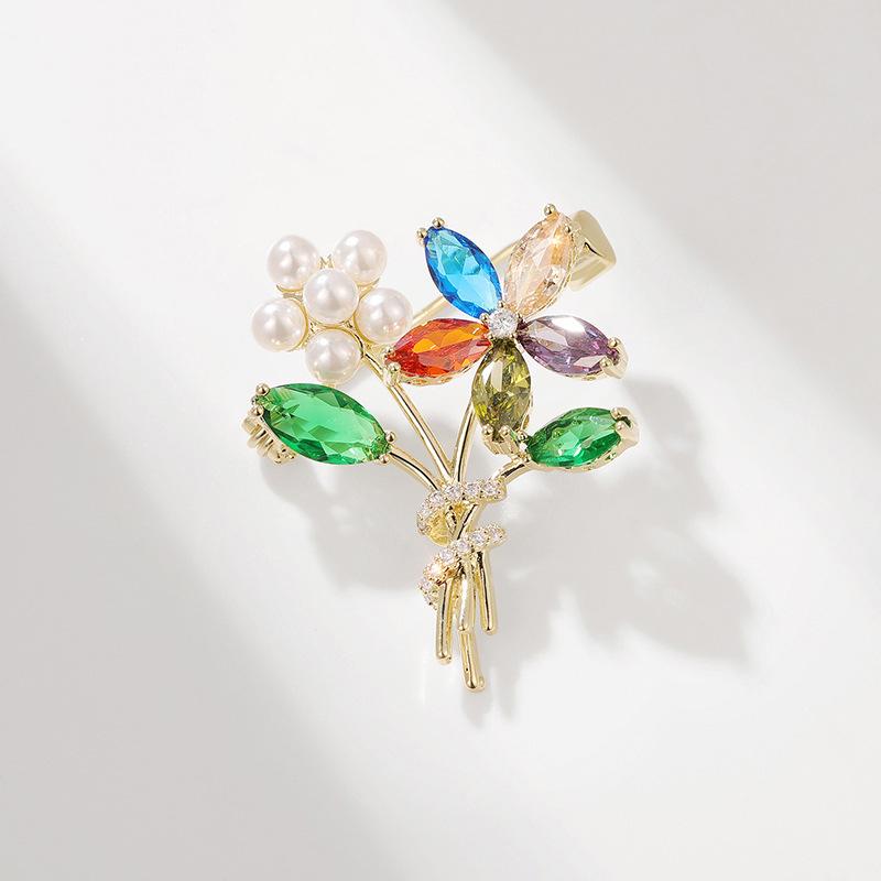 Bo Xin Yun Zirconia Flower Bouquet Brooch with Pearls - Fashionable Sweater Accessory Pin