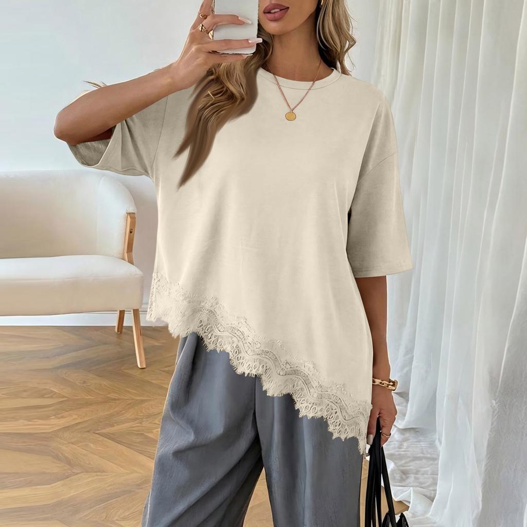 Women's Short Sleeve Lace Trim T-Shirt with Asymmetrical Hem