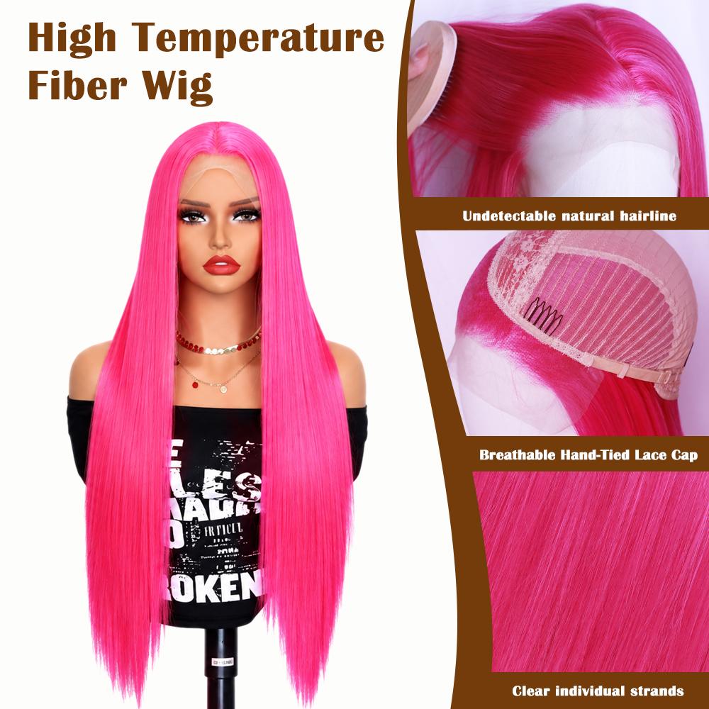 13x4 Pre‑Plucked Glueless Lace Front Wig, 24" Long Straight Dragon Fruit Pink Heat‑Resistant Synthetic Wig for Daily Cosplay Fashion