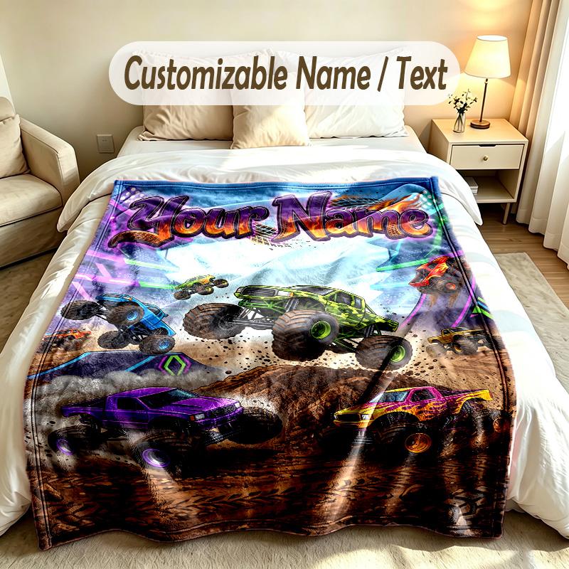 Monster Truck Theme Custom Blanket Personalized Name & Text Customized Soft Warm Throw Blanket Home Decor