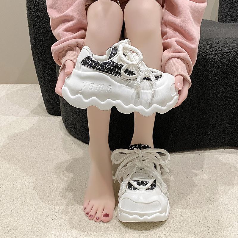 Fashion 8cm High Heel Leather Women Shoes Chunky Sneakers Autumn Wedge Platform Shoes Spring Women Breathable Comfy Skateboard Footwear