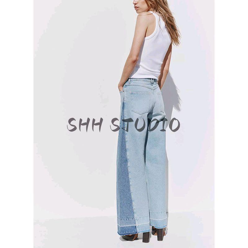 Spring New Women's Clothing Minimalist Washing Effect Patchwork Cotton High Waist Wide Leg Denim 6164075
