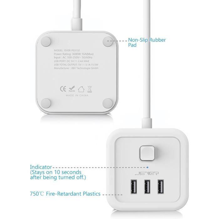 Multiprise cube usb - jsver - 3 prises - 3 ports usb - 3680w - interrupteur - 1,5m