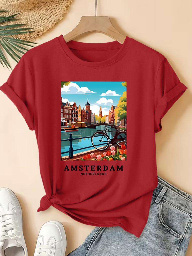 Amsterdam Landscape Printed Pattern Round Neck Tshirt Fresh Top Summer Elegant Party Fashion Versatile Commuter Womens Wear