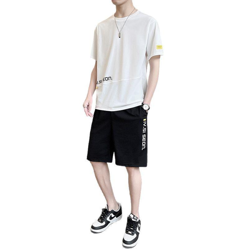 Ice Silk Men's Summer Sports Suit: Trendy Short Sleeve T-shirt & Shorts Set