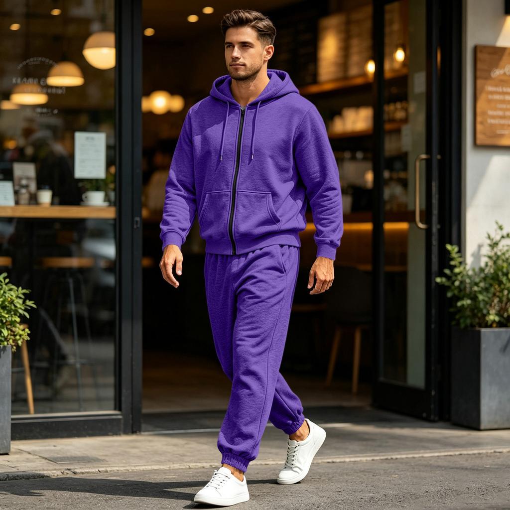 Men's Multi-Pocket Zip-Up Hooded Sweatshirt and Pants Set Athletic Tracksuit