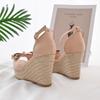 Straw Wedge Heel Sandals Women's Summer Wear 2025 New Small High Bow High Heel Sandals One-word Buckle