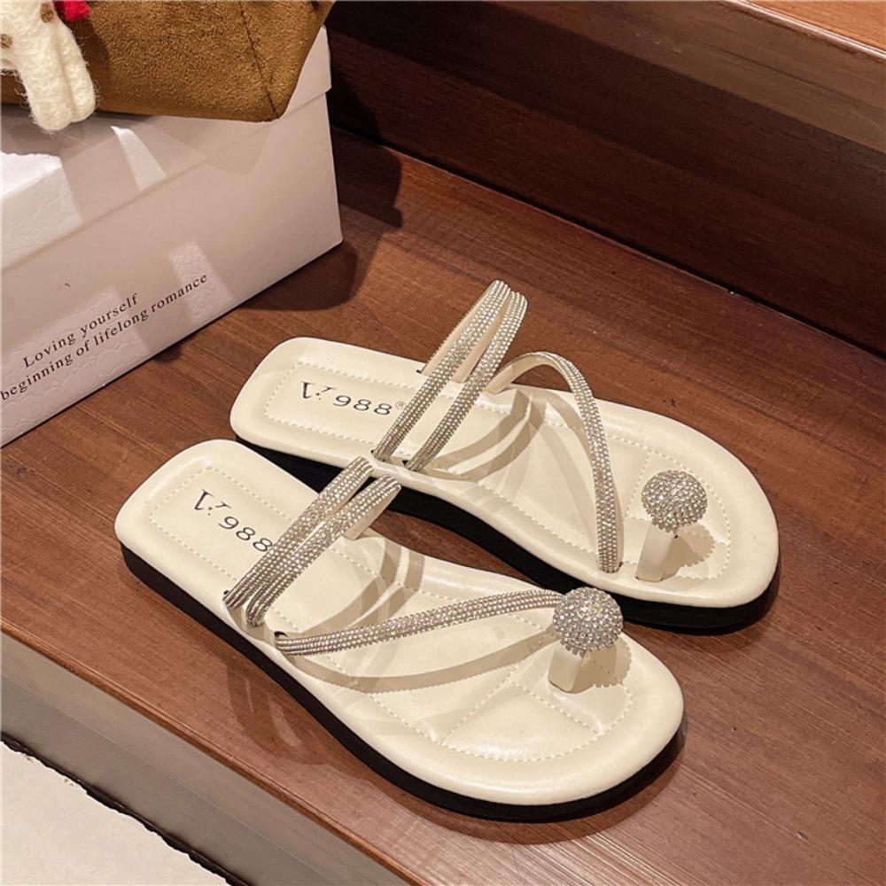 JMXD-Flat Bottom Cool Slippers Female Summer Wear, Rhinestone Fairy Wind Soft Bottom Non-slip Toe Beach One-word Drag