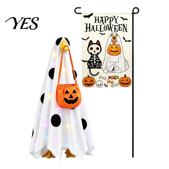 Spooky Cute Seasonal Decor Halloween Lighted Ghost Porch Goose Outfit And Flag Set for 23 Inch Statue, Clothes with Pumpkin Bucket Outdoor Patio Yard