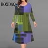 Womens Plus Size Geometry Striped Print Dresses Autumn Casual Long Sleeve A-Line Dresses Oversized Loose Female Clothing