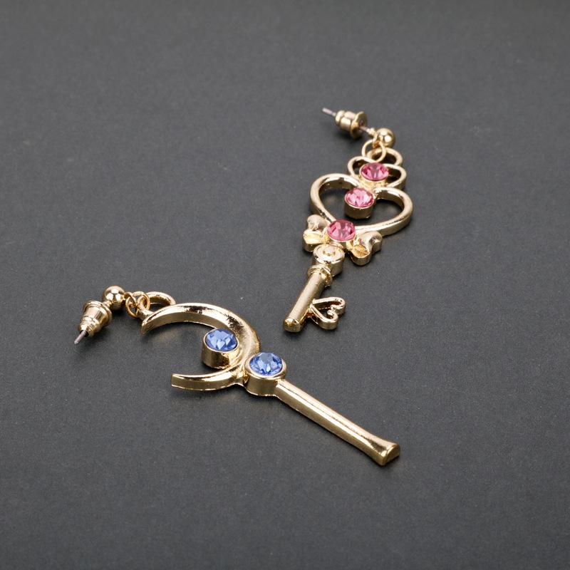 Girl Warrior Key Moon Love Earrings, Long Asymmetric Earrings, Girl Heart Anime Earrings Accessories
