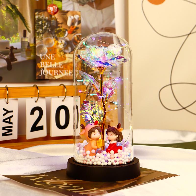 Rose Flower Preserved in Glass Dome with Night Light - Mother's Day or Birthday Gift Ornament