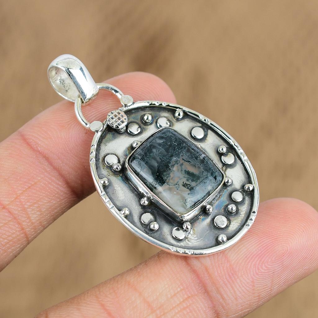 Anniversary Gift For Her Natural Solar Moss Agate Gemstone Pendant 925 Silver