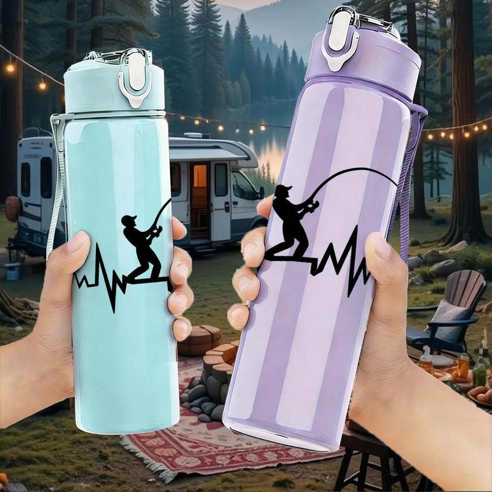 1PC Fishing Rod Heartbeat Line Art Print 750ml Color Plastic Sports Water Bottle Leakproof Flip Straw Lid Suitable for Sports Office Home Use