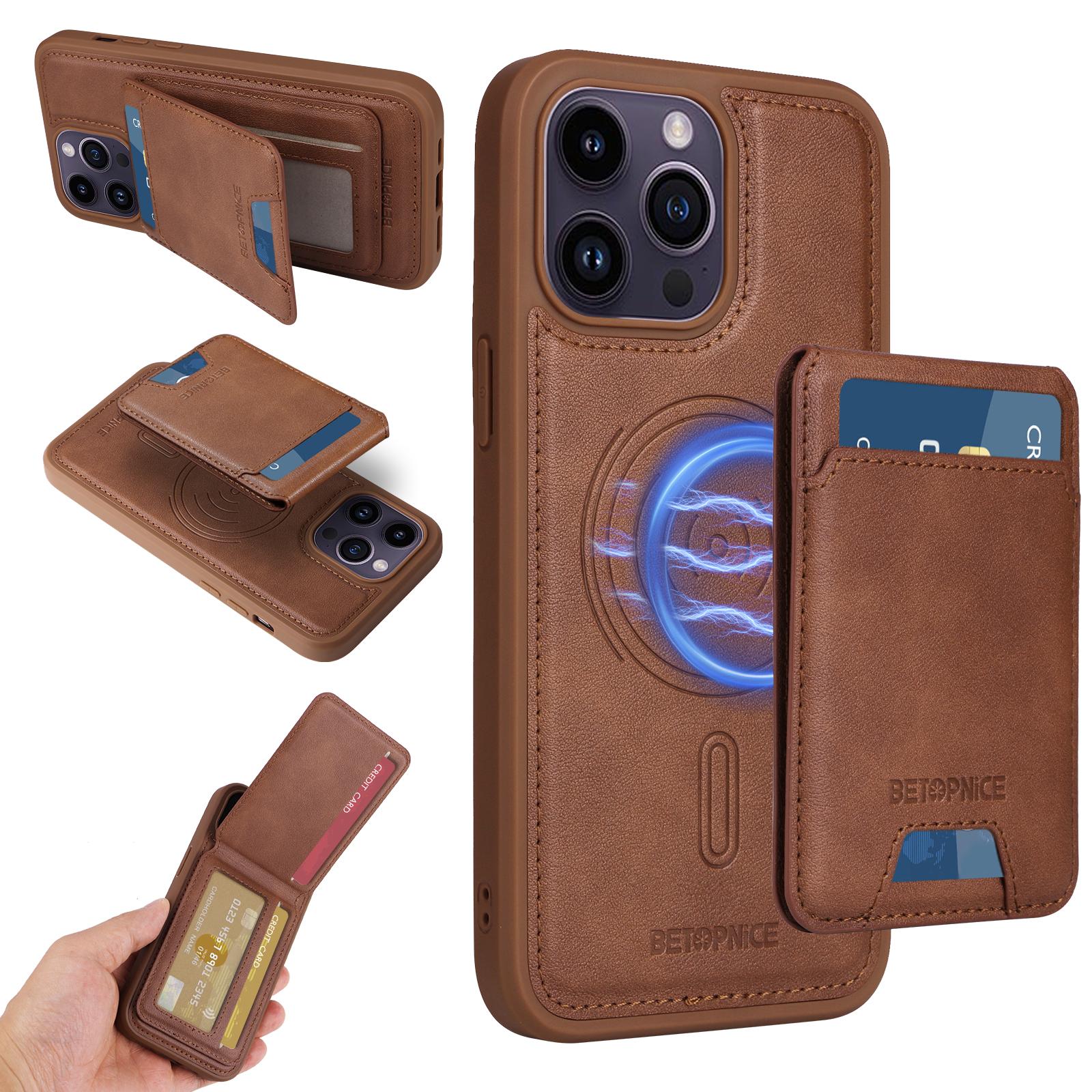 

Для iPhone 14 Pro Max Магнітний чохол BETOPNICE Шкіряна задня кришка для телефону з RFID-блокуванням зі знімною кишенькою для карток Brown