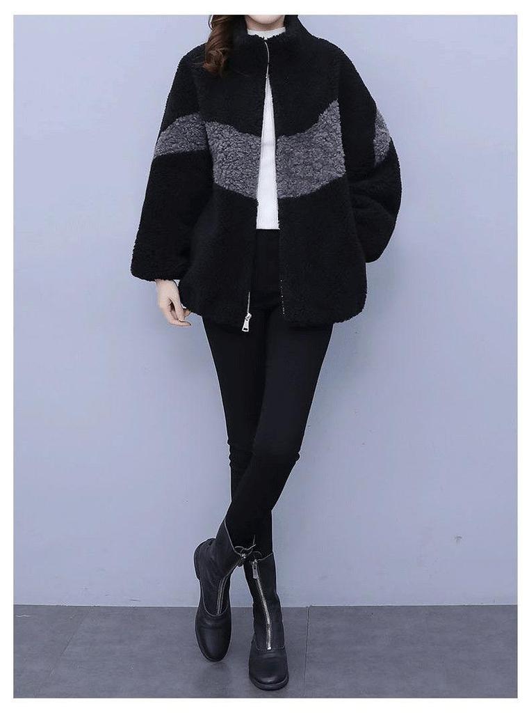 Women's Plus Size Color Block Lamb Wool Coat - Autumn/Winter Fashion Fleece Outerwear