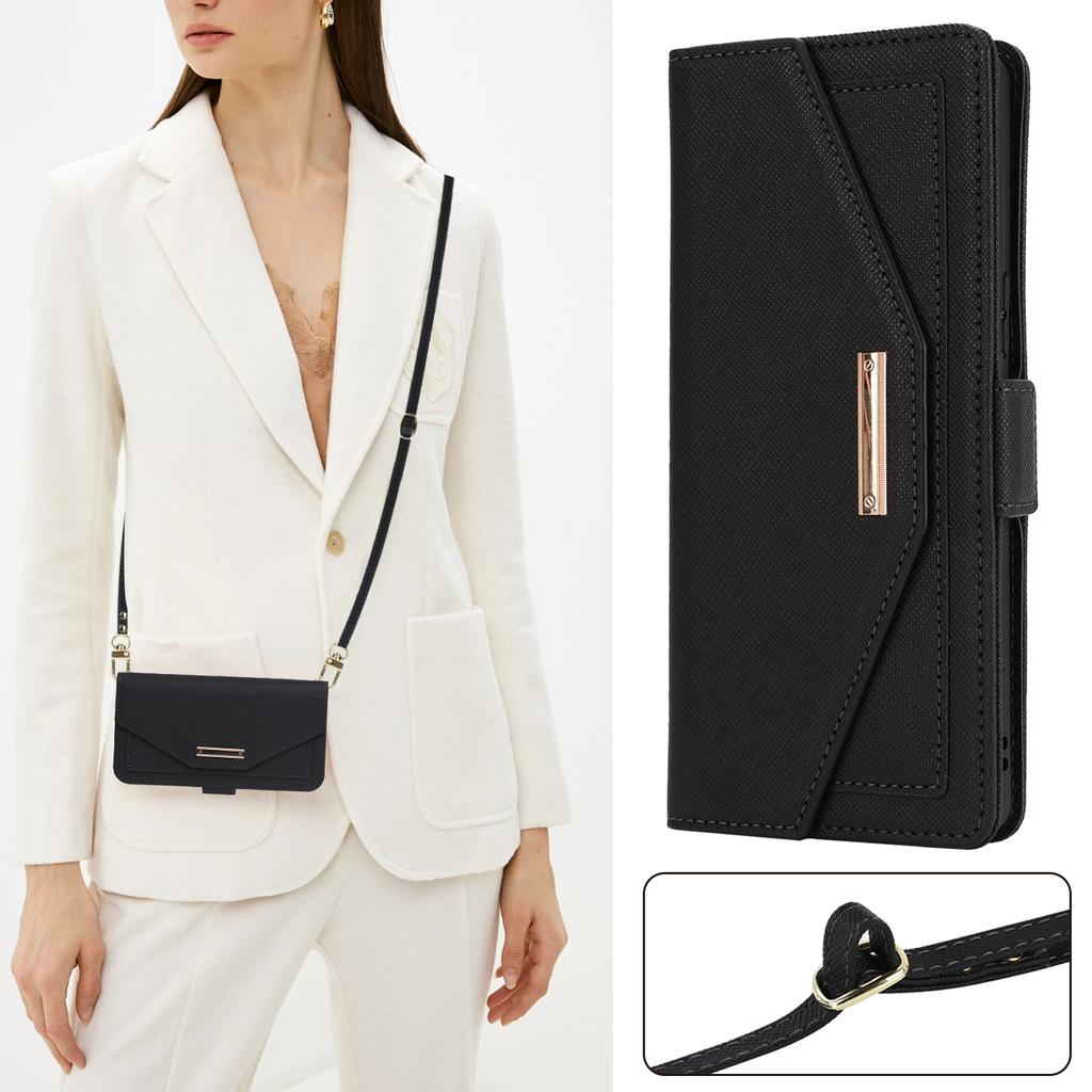 For Sony Xperia 1 IV 5G Stand Case Cross Texture PU Leather Wallet Phone Cover with Shoulder Strap/Makeup Mirror