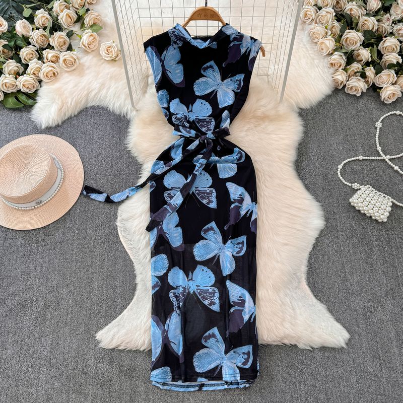 

Sexy Elegance Mesh Floral Print Dress Women s Style French Style Temperament Waist Slimming Figure Mid Length Long Length Bodycon Dress Fashion Black background blue print M