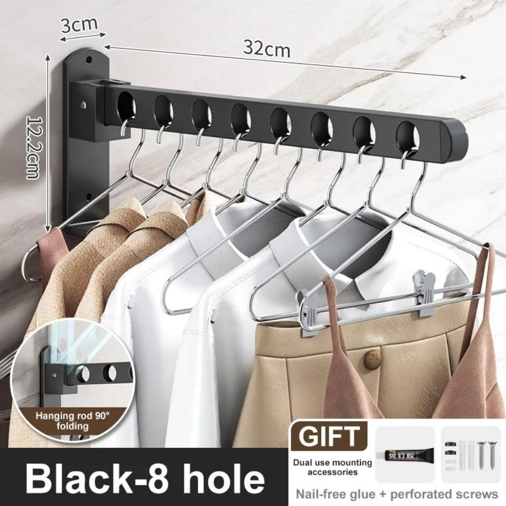 Black Stainless Steel Wall-Mounted Clothes Hanger Durable Folding Home Balcony Storage Hanger Closet Retractable Hook