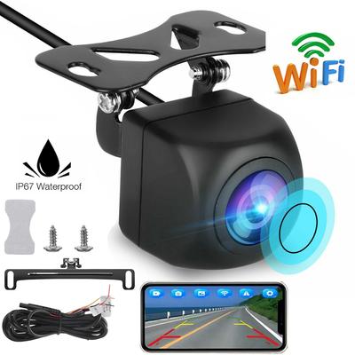 מצלמת רכב אלחוטית WiFi מצלמת אחורית לרכב ראיית לילה HD מצלמת גיבוי לרכב עמידה למים IP67 עם תושבת לוחית רישוי לאנדרואיד iOS