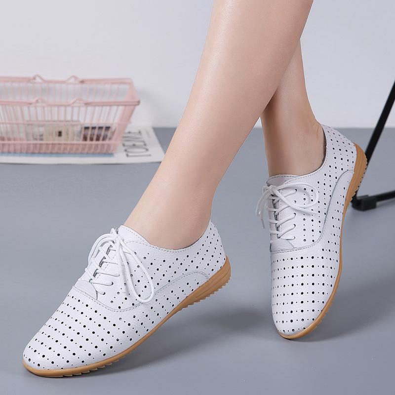 Small Leather Shoes Women's Hollow Breathable Summer Work Shoes Versatile Personalized Casual Shoes Lace-up Flat Shoes