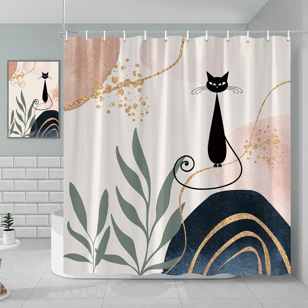 Bohemian Shower Curtain Cat Romantic Mid Century Modern Minimalist Abstract Lines Geometric Tropical Plants Bathroom Decoration
