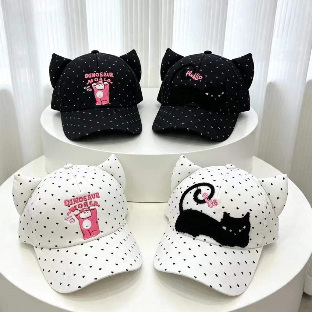 Sweet and Cute Cat Embroidered Baseball Cap Female Cat Ear Shape Love Polka Dot Cap Sunscreen Sun Hat