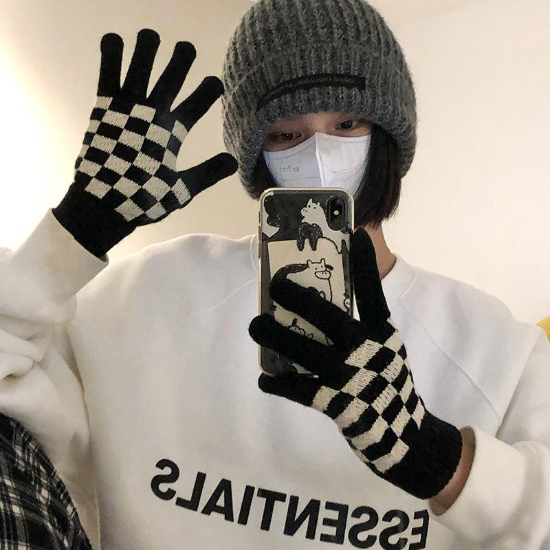 

Перчатки для пальцев в клетку с сенсорным экраном для женщин, зимние теплые шерстяные для велоспорта, непродуваемые, с утолщением из плюша, милые для студентов/пар one size