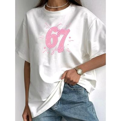 T-shirt da donna a maniche corte taglia europea . T-shirt Grafica Rosa Glitterata con il Numero 67, Perfetta per l'Estate e l'Estetica Y2K. Regalo casual