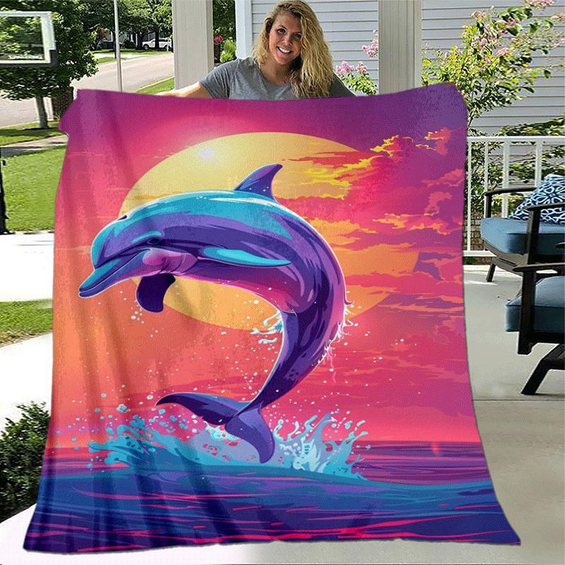 1pc Dolphin Printing Lightweight Flannel Blanket, Comfortable and Warm Blanket, for Camping Sofa Bed and Couch Office, Gift