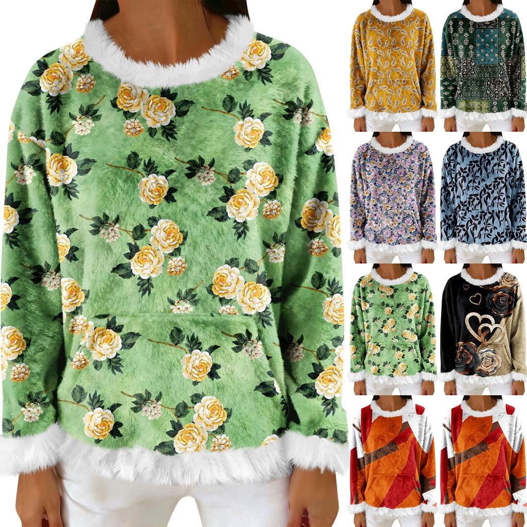 Women's Casual Fleece Sweatshirt  Long-Sleeve Round  Neck Casual Comfortable Loose-Fit Lightweight Women's Flannel Sweatshirt