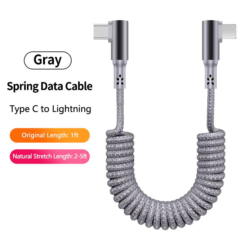Electronic Accessories 100W 90 Degree Right Angled USB-C Coiled Retractable Data Cable Pure Copper Conductor Braid