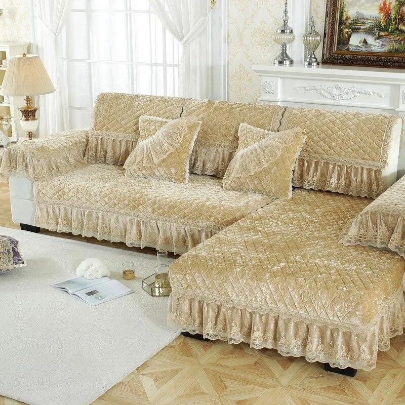 European Vintage Soft Thicken Velvet Quilted Sofa Cover Lace Decor Short Plush Couch Covers For Living Room L Shaped Sofa Towel