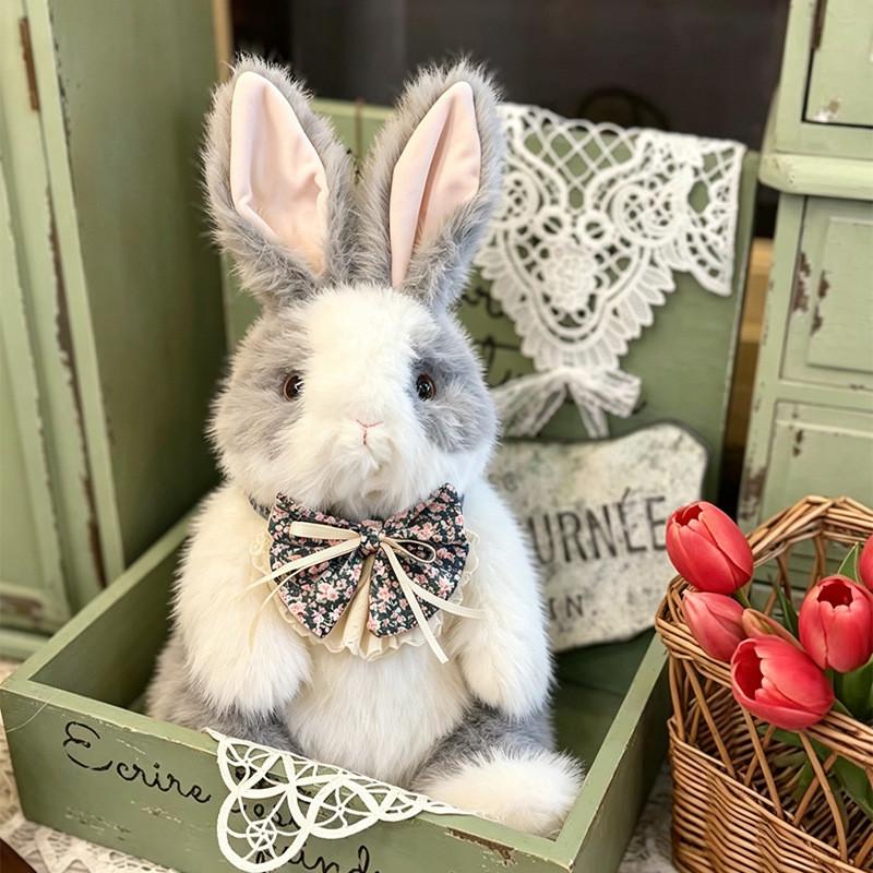 Cute Bowknot Plush Rabbit Backpack Realistic Long Fur Bunny Doll Cartoon Stuffed Animal Bag