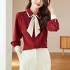Women's Red French Doll Collar Tie Shirt - 2025 Autumn/Winter Long Sleeve Versatile Top